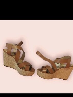 Michael Kors Brown Leather Espadrille Wedge Sandals